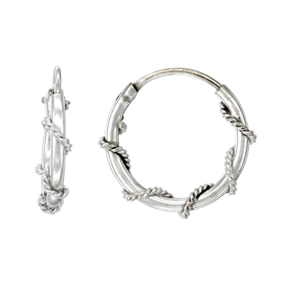 3 Pairs Sterling Silver Rope Wire Wrapped Endless Hoop Earrings, 1 mm thin tube 1/2 inch wide