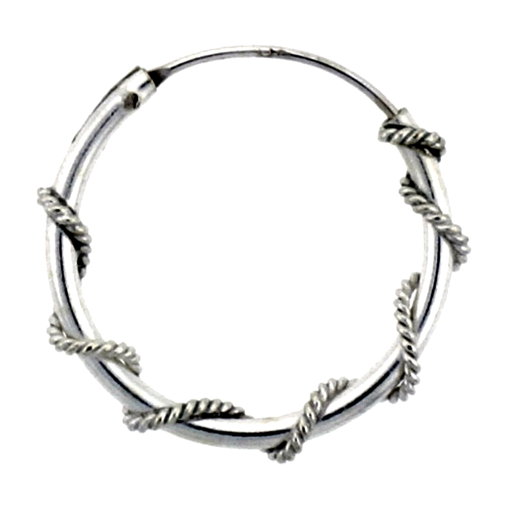 3 Pairs Sterling Silver Rope Wire Wrapped Endless Hoop Earrings, 1 mm thin tube 3/4 inch wide