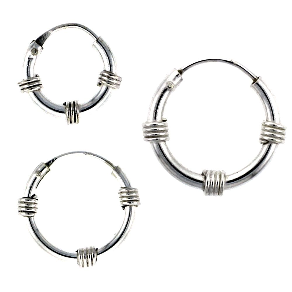 Sterling Silver 12mm, 14mm & 16mm Bali Style Endless Hoop Earrings Set