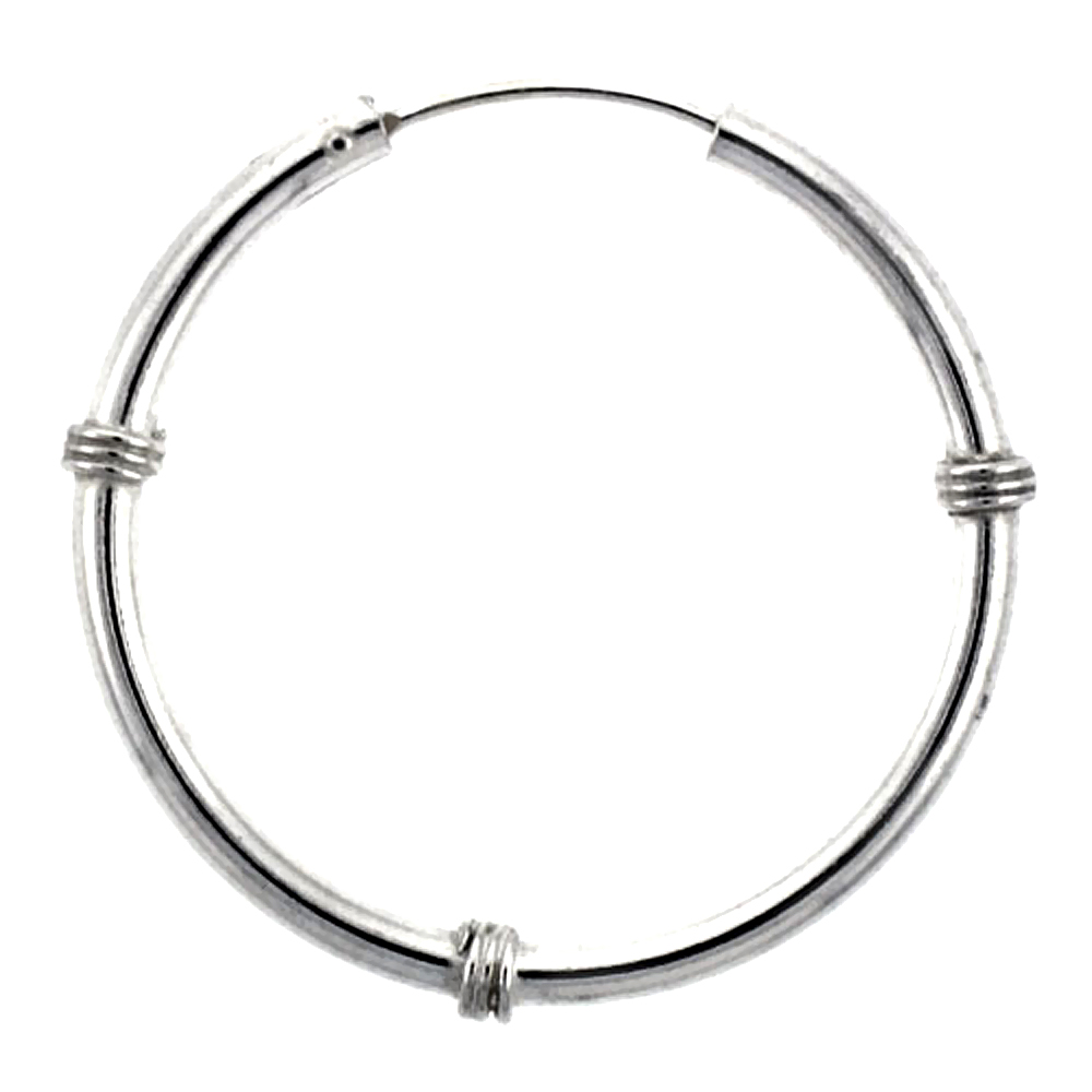 10 Pairs Sterling Silver Bali Style Endless Hoop Earrings, 2 mm tube 1 1/4 inch wide