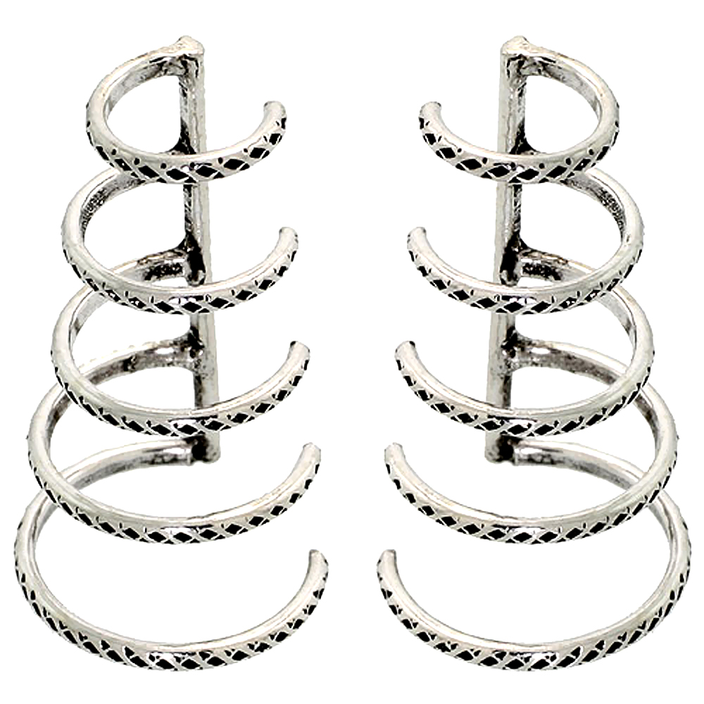 Sterling Silver Cartilage Hoop Earrings Non Pierced 5-band Graduated Textured 6-12 mm one piece
