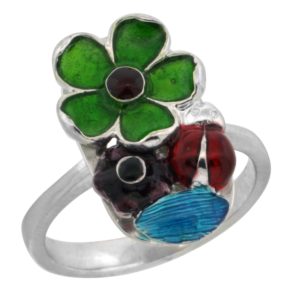 Sterling Silver Multi Color Enamel Lady Bug & Flowers Ring, 3/4 in. (18 mm) wide