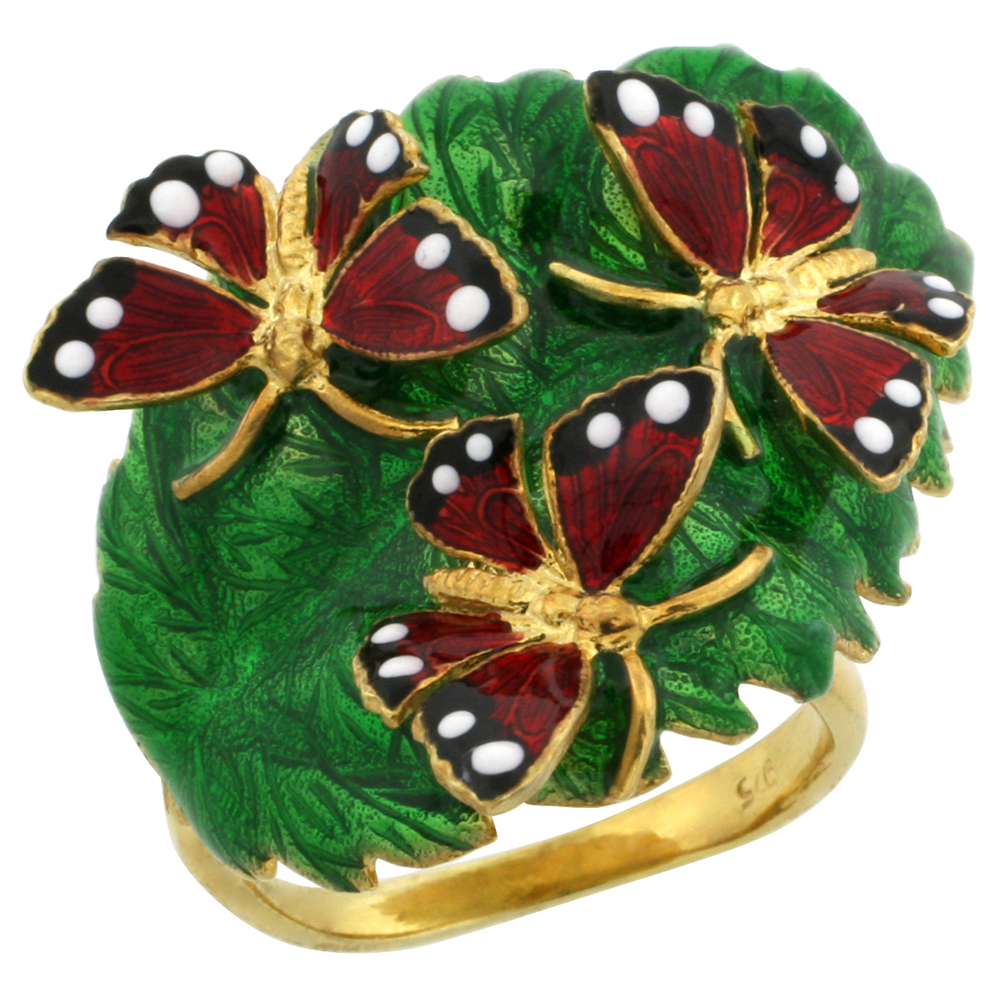 Sterling Silver Multi Color Enamel Triple Butterfly Ring, 7/8 in. (23 mm) wide