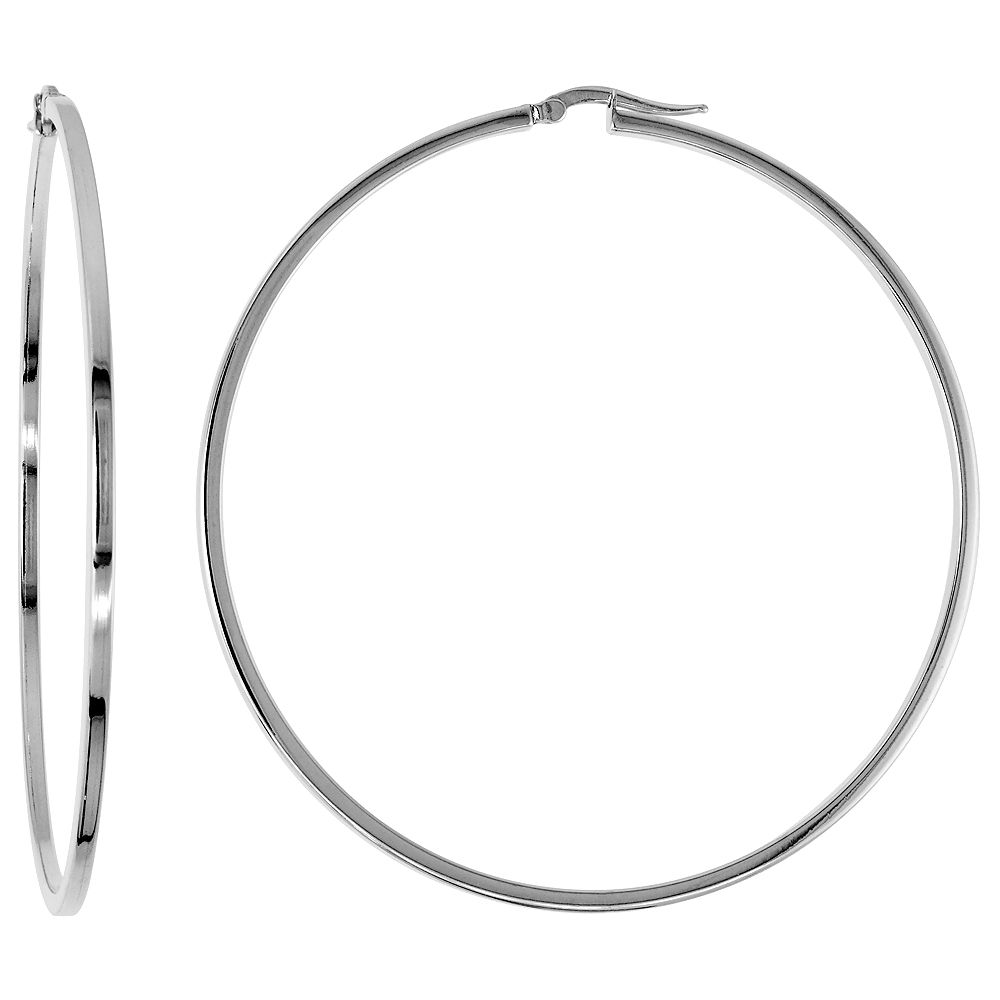 Sterling Silver 2 1/2 inch Square Tube Click Top Hoop Earring for Women 65 mm Round 2mm thin Italy
