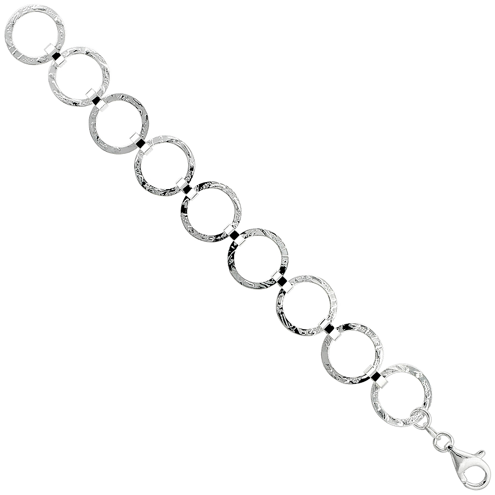 Sterling Silver Circle Link Bracelet Diamond Cut, 11/16 inch wide