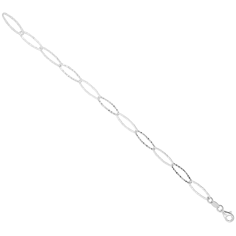 Sterling Silver Textured Oval Link Bracelet Diamond Cut, 1/4 inch wide, 8, 18, 24, 36 inches long
