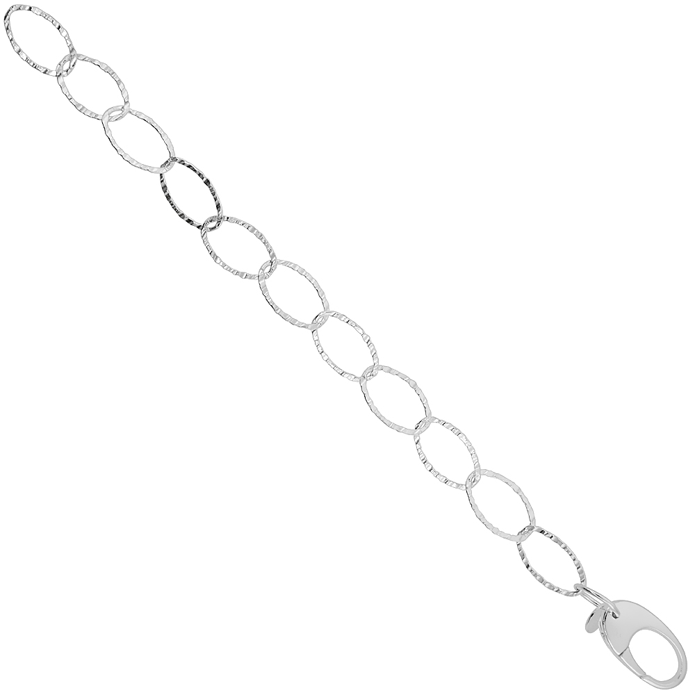 Sterling Silver Textured Oval Link Bracelet Diamond Cut, 7/16 inch wide, 7.5, 18, 24 inches long