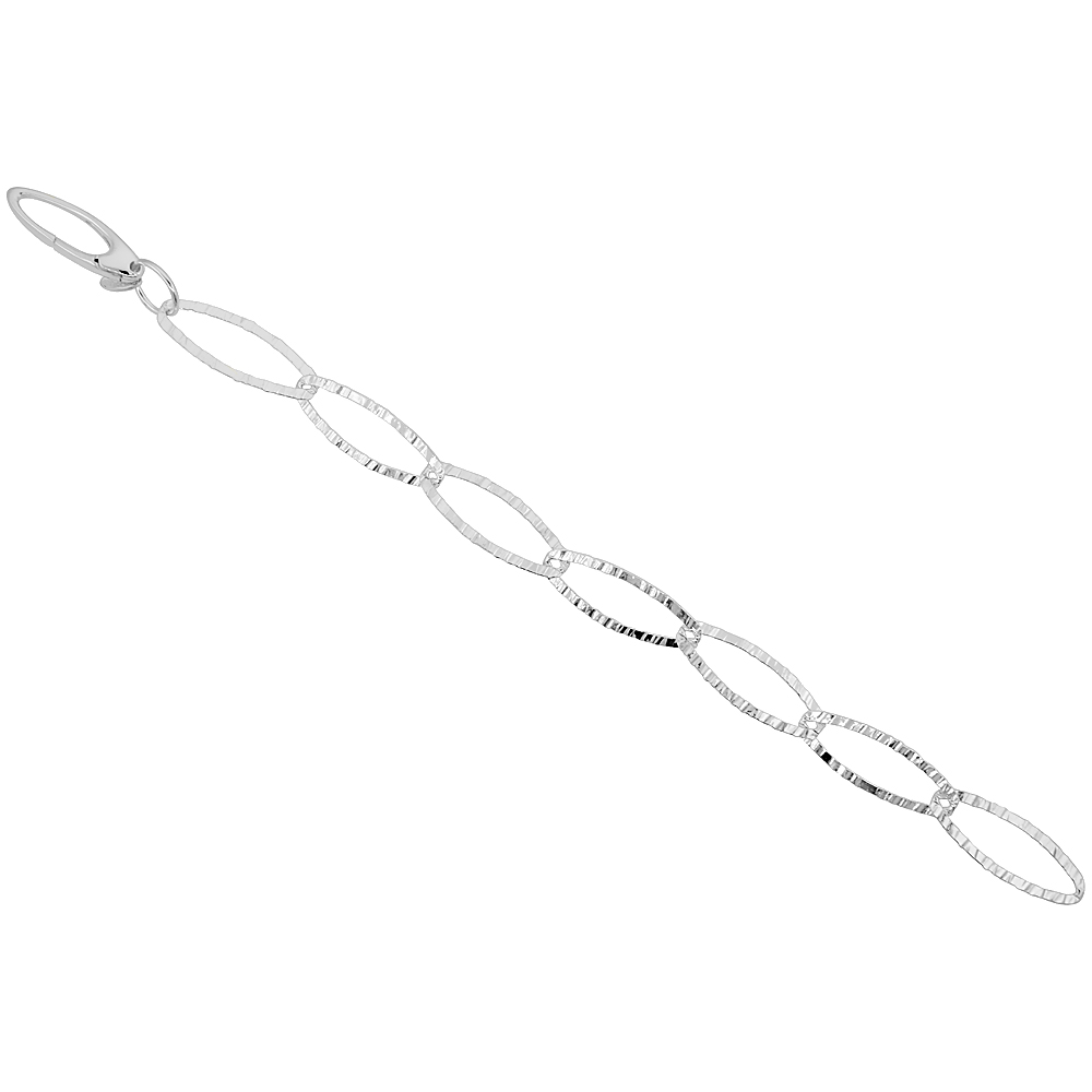 Sterling Silver Textured Long Oval Link Bracelet Diamond Cut, 7/16 inch wide, 8, 18, 24, 36 inches long