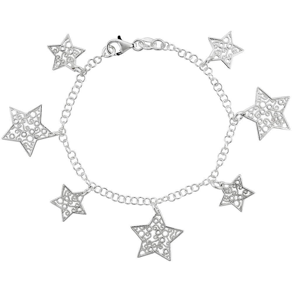 Sterling Silver 7.5 in. Filigree Star Charm Bracelet