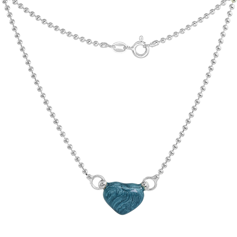 Sterling Silver Blue Enamel Heart Necklace for Women and Girls, 18 inch long