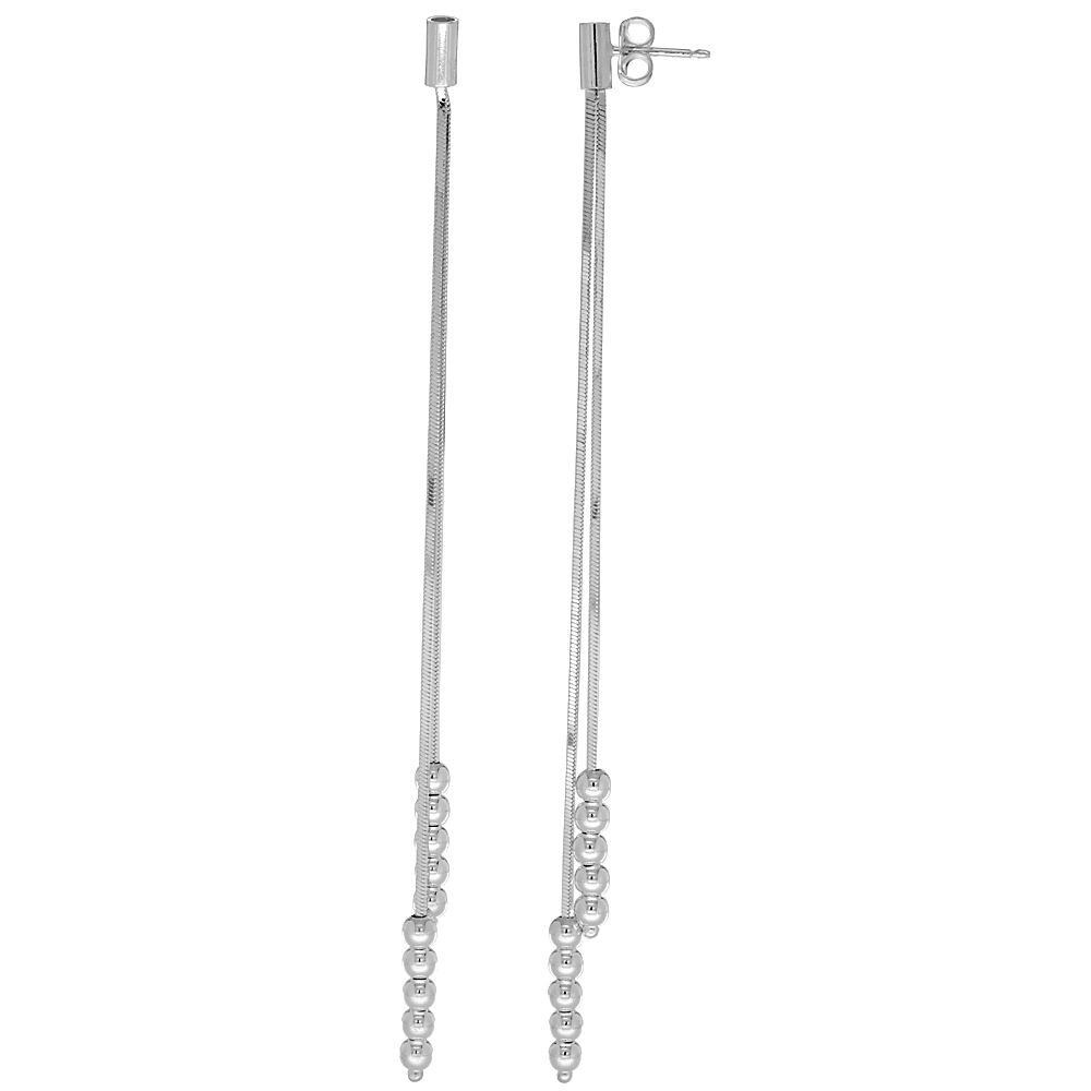 Sterling Silver Long Drop Earrings 2-Strand Beads 3 3/4 inches Italy