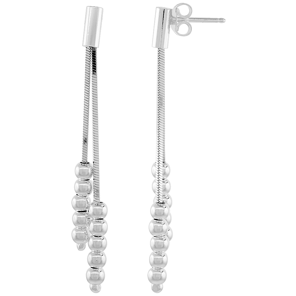 Sterling Silver Long Drop Earrings 2-Strand Beads 2 3/8 inches Italy