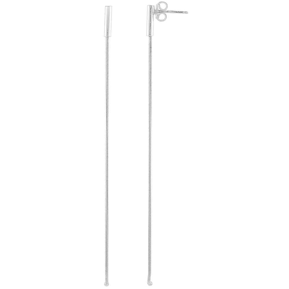 Sterling Silver Italian Elongated Earrings, Beaded End, Round Snake Chain, 95mm (3 3/4 inch) long