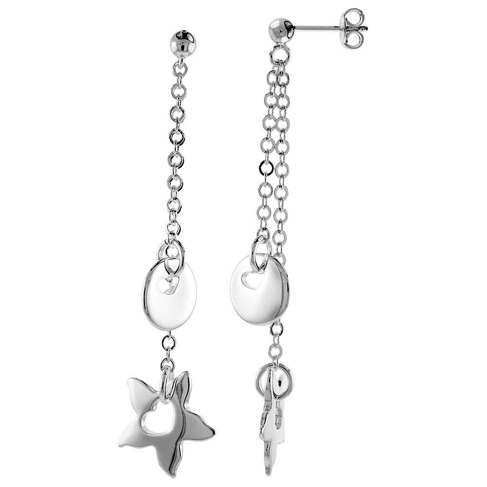 Sterling Silver Heart Cut Outs in Starfish & Round Disc Dangling Earrings, 2 1/4" (57 mm) tall