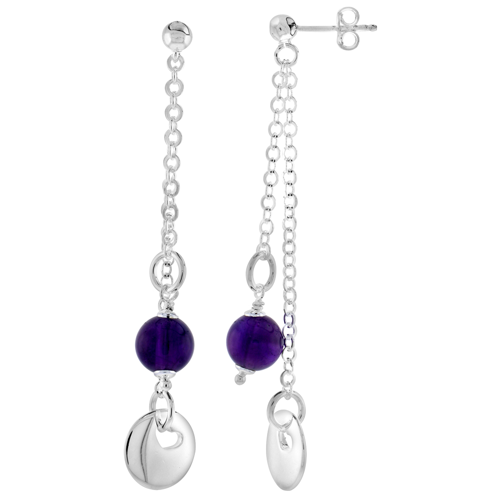 Sterling Silver Heart Cut Out in Round Disc Dangling Earrings, w/ Synthetic Amethyst Bead, 2 7/16" (62 mm) tall