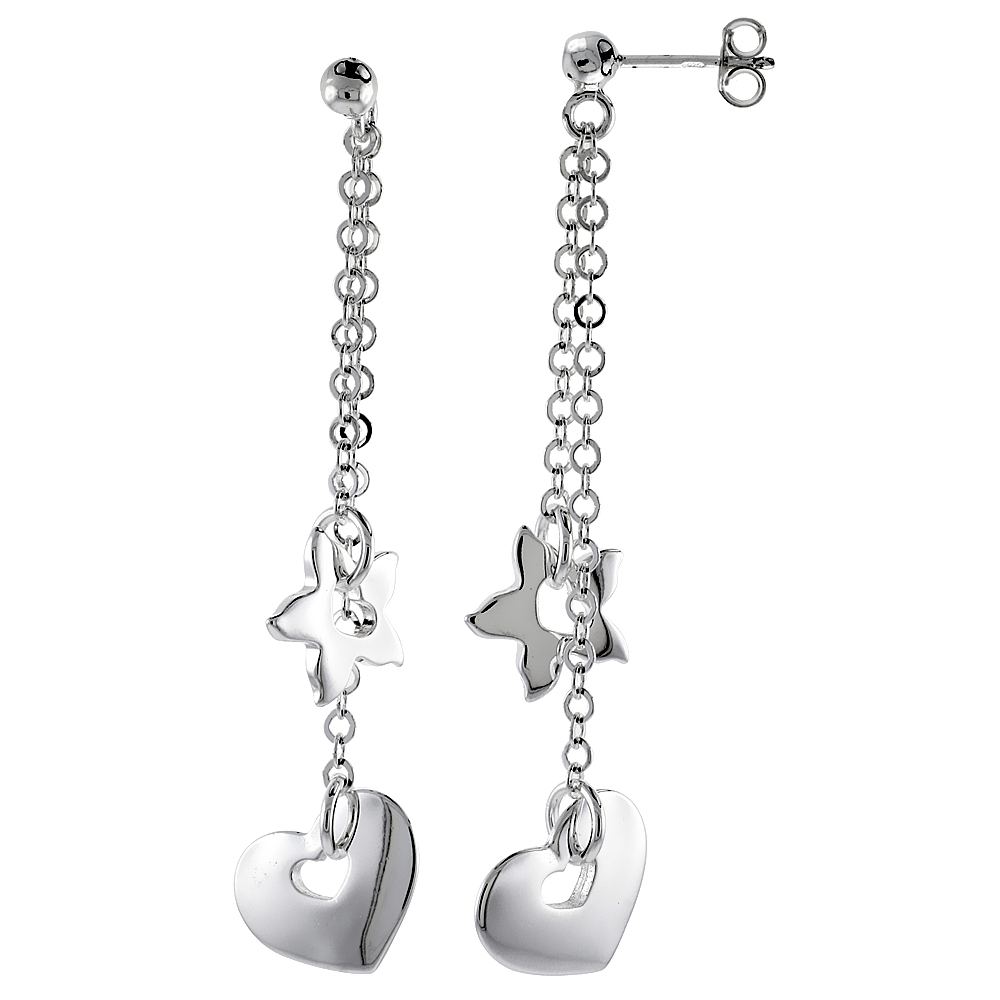Sterling Silver Starfish & Heart Dangling Earrings, 2" (50 mm) tall