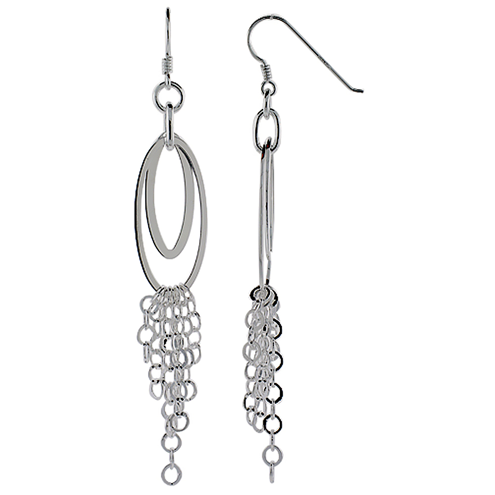 Sterling Silver Double Oval Cut Outs Fish Hook Dangling Earrings, w/ Rolo-type Chain, 3 1/4" (83 mm) tall