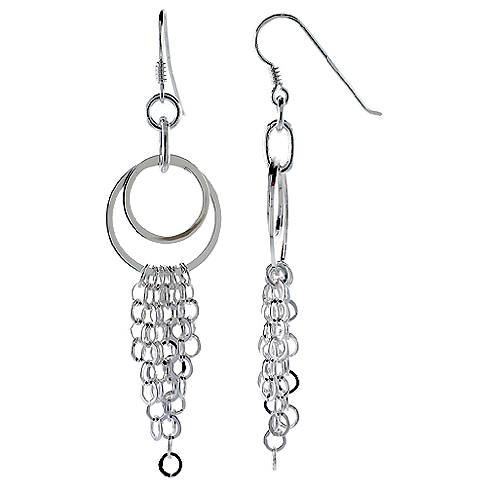 Sterling Silver Double Circle Cut Outs Fish Hook Dangling Earrings, w/ Rolo-type Chain, 3" (76 mm) tall