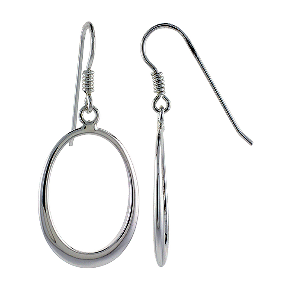 Sterling Silver Oval Cut Out Fish Hook Dangling Earrings, 1 5/8" (41 mm) tall