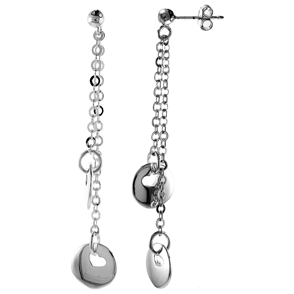 Sterling Silver Heart Cut Outs in Round Discs Dangling Earrings, 2 1/4" (57 mm) tall