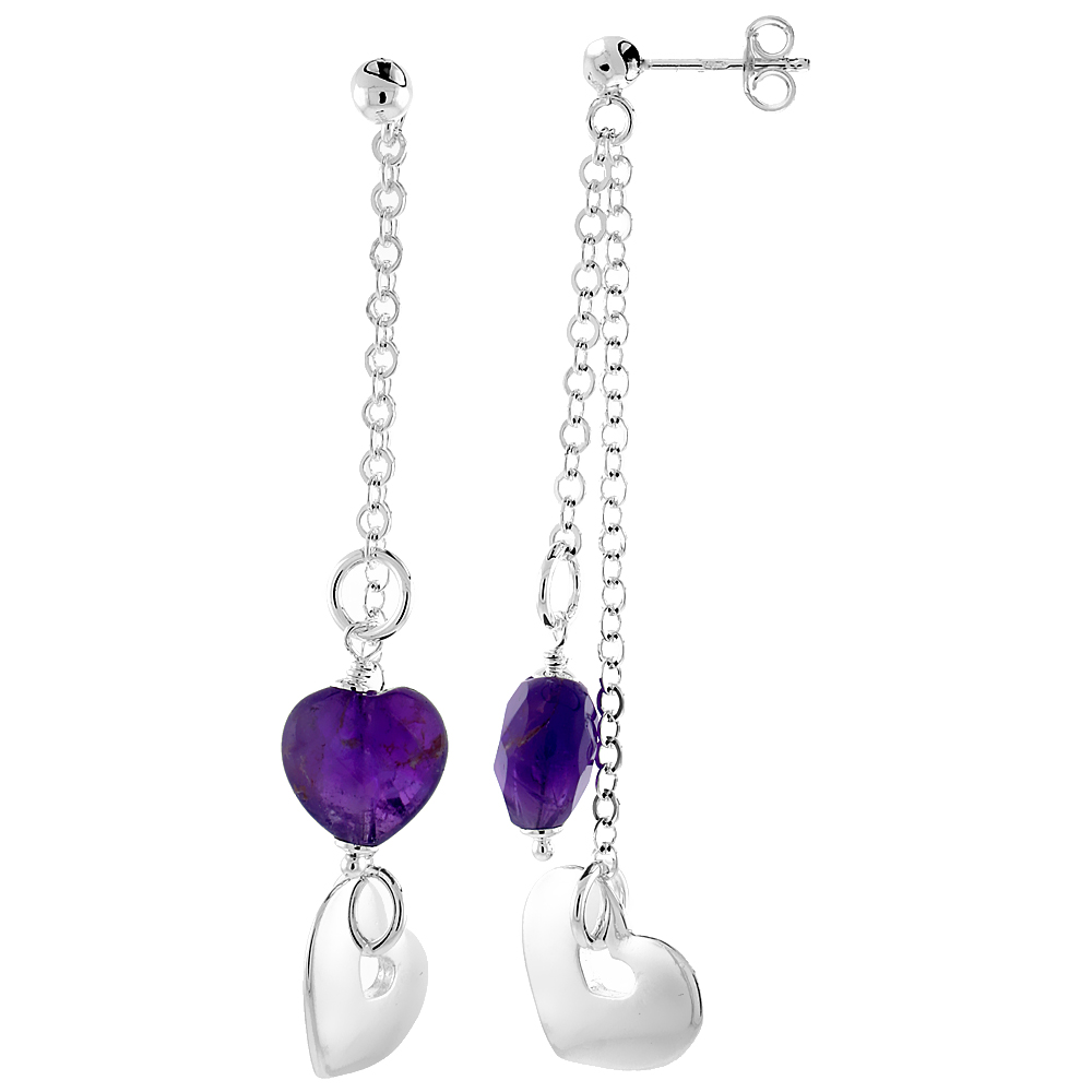 Sterling Silver Heart Dangling Earrings, w/ Heart-shaped Synthetic Amethyst, 1 15/16" (49 mm) tall