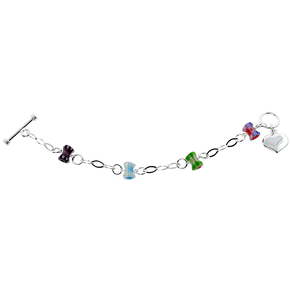 Sterling Silver 8 inch Italian Charm Bracelet w/ Venetian Beads Dangle Heart and Toggle Clasp, 7/16" (11 mm) wide