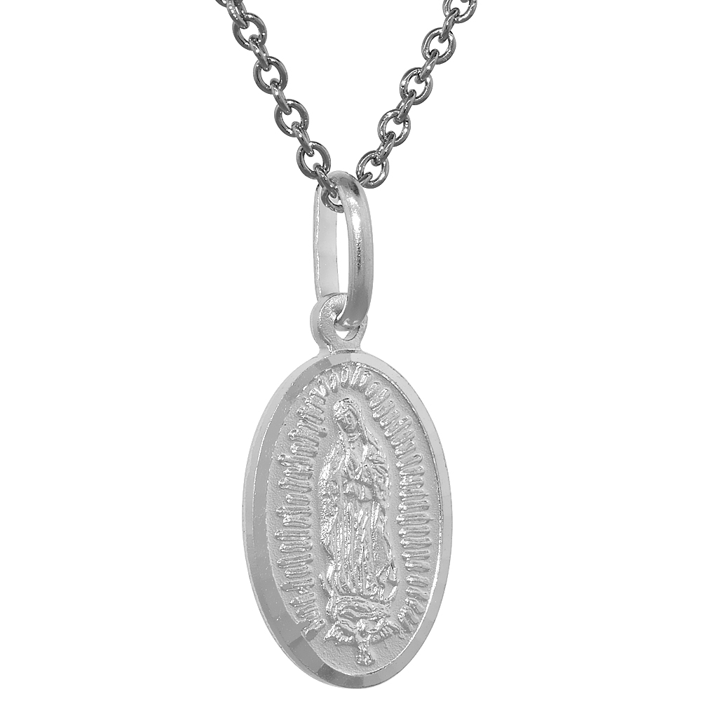 Tiny 14k Gold & Sterling Silver Guadalupe Medal Necklace Oval 5/8 inch Italy