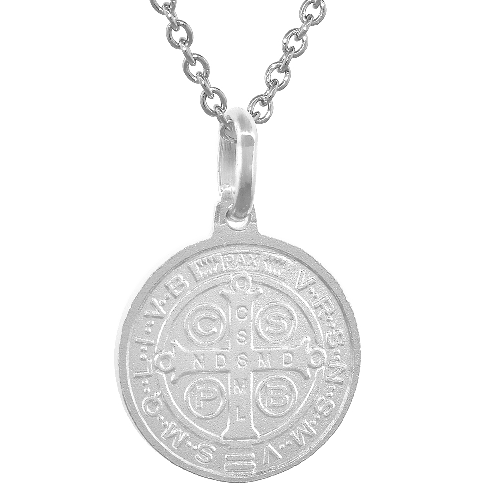 Dainty 14k Gold & Sterling Silver St Benedict Medal Necklace Round 5/8 inch Italy