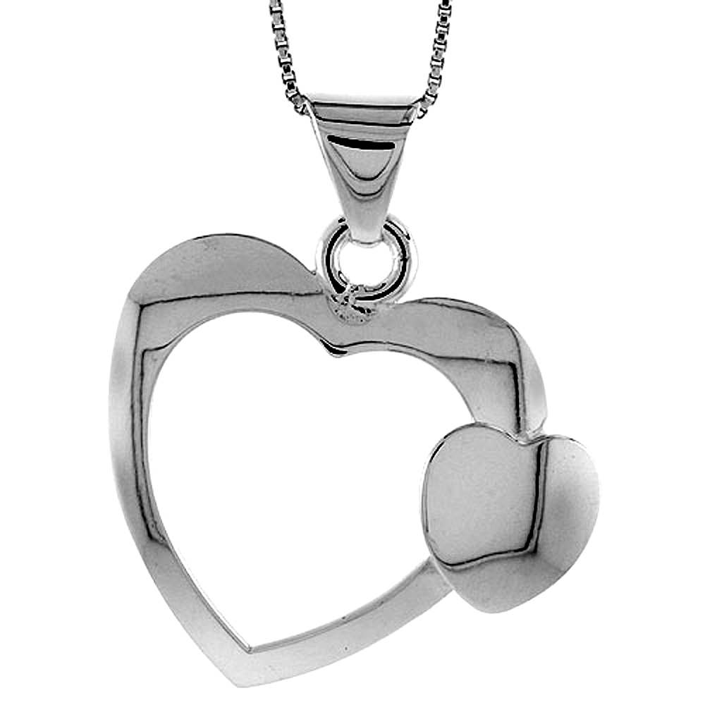 Sterling Silver Large Double Heart Pendant Hollow Italy 1 3/16 inch (30 mm) Tall