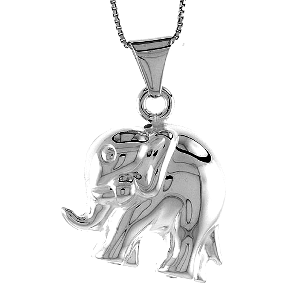 Sterling Silver Large Elephant Pendant Hollow Italy 1 inch (26 mm) Tall