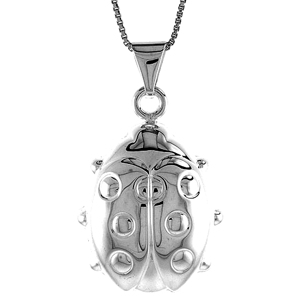 Sterling Silver Large Ladybug Pendant Hollow Italy 1 1/8 inch (28 mm) Tall