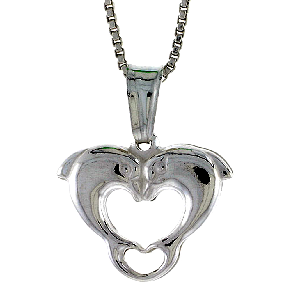 Sterling Silver Kissing Dolphin Heart Pendant Hollow Italy 9/16 inch (14 mm) Tall