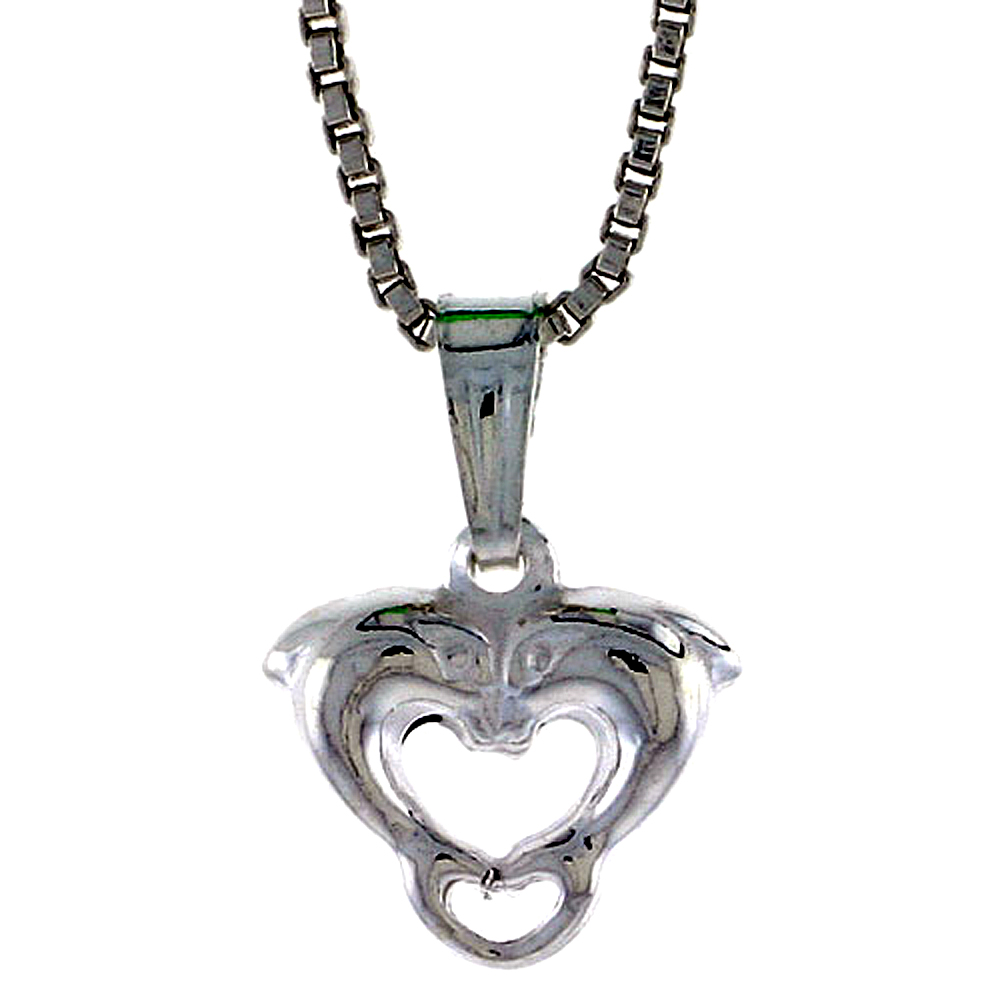 Sterling Silver Teeny Kissing Dolphin Heart Pendant Hollow Italy 1/4 inch (7 mm) Tall