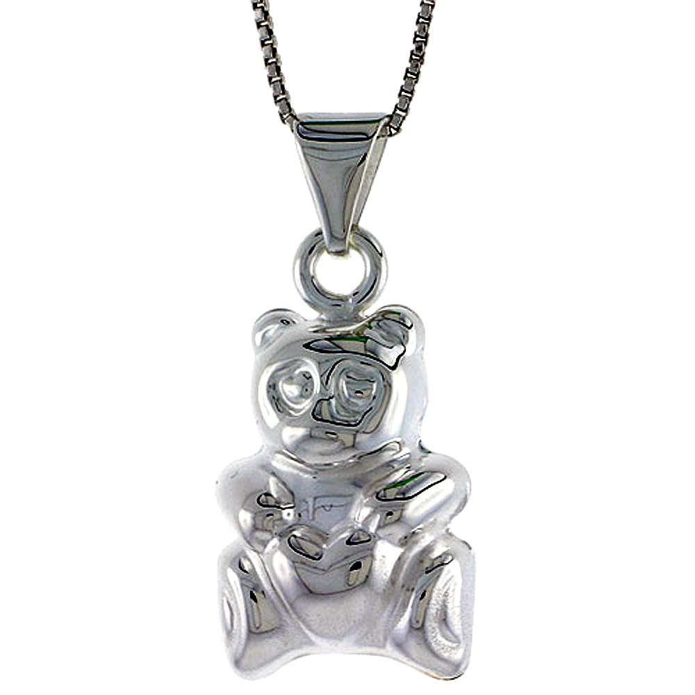 Sterling Silver Large Teddy Bear Pendant Hollow Italy 7/8 inch (23 mm) Tall