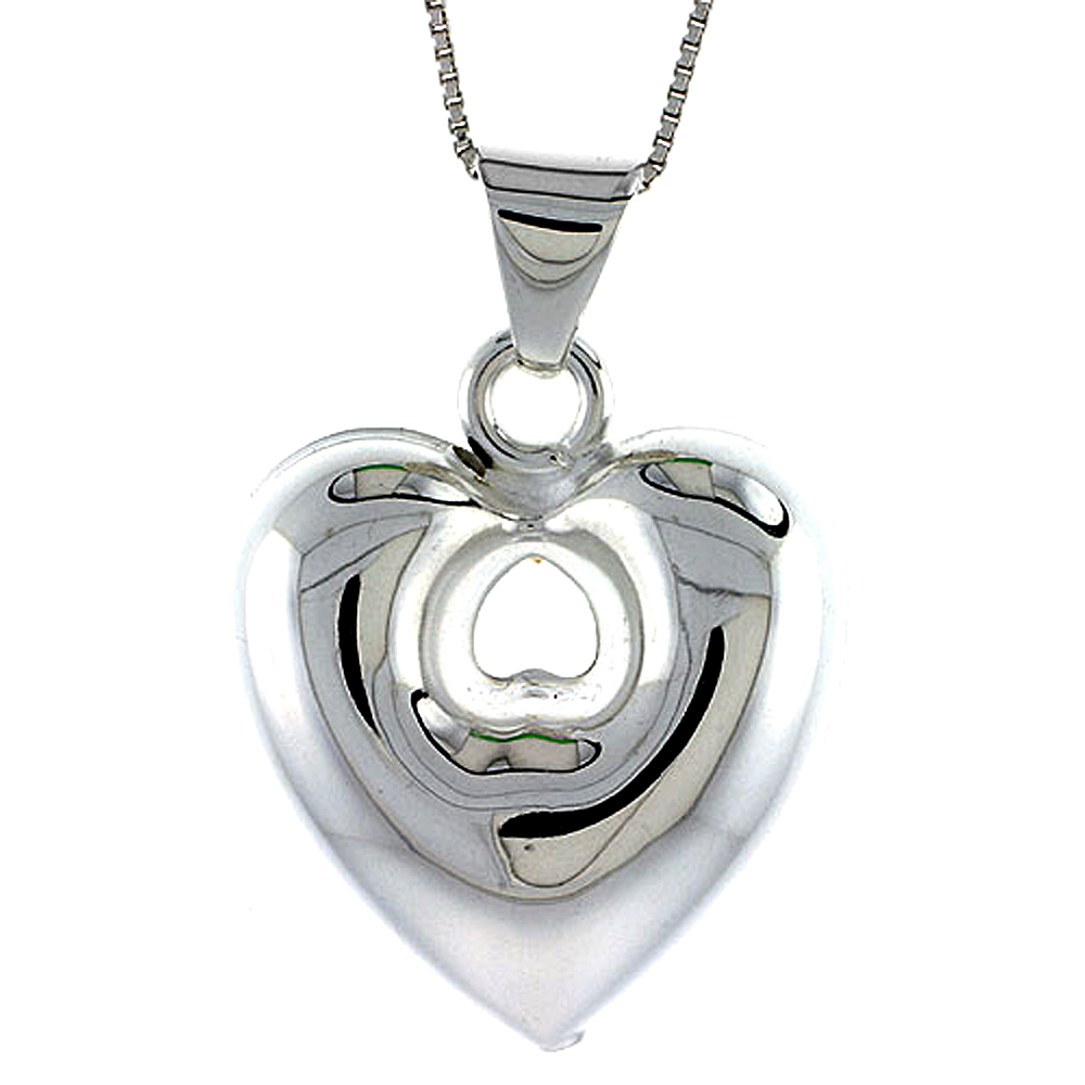 Sterling Silver Large Puffed Heart w/ Cut Out Pendant Hollow Italy 1 1/16 inch (28 mm) Tall