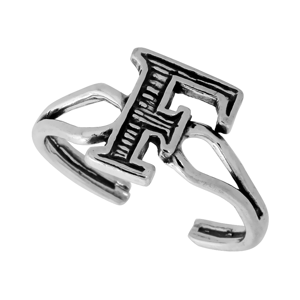 Dainty Sterling Silver Adjustable Initial Toe Ring F for Women Open Bottom Split Shank Oxidized 1/4 inch wide