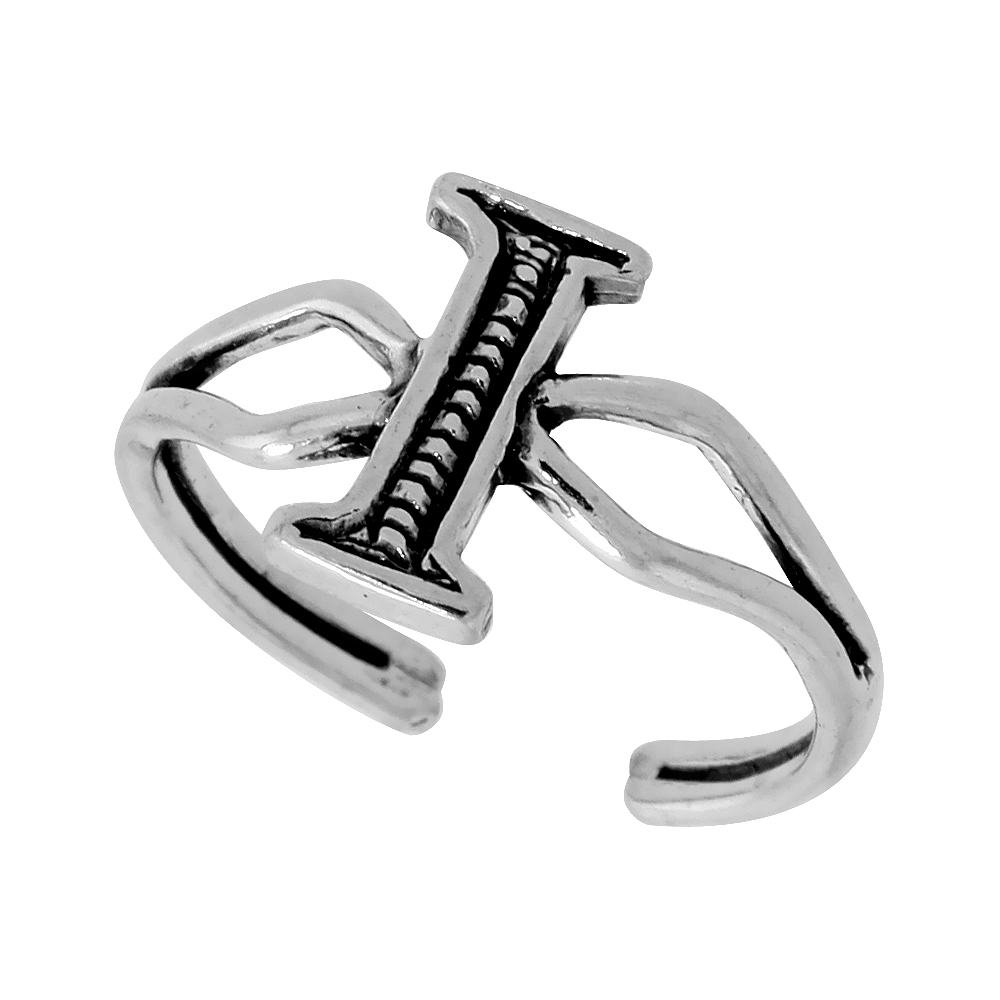 Dainty Sterling Silver Adjustable Initial Toe Ring I for Women Open Bottom Split Shank Oxidized 1/4 inch wide