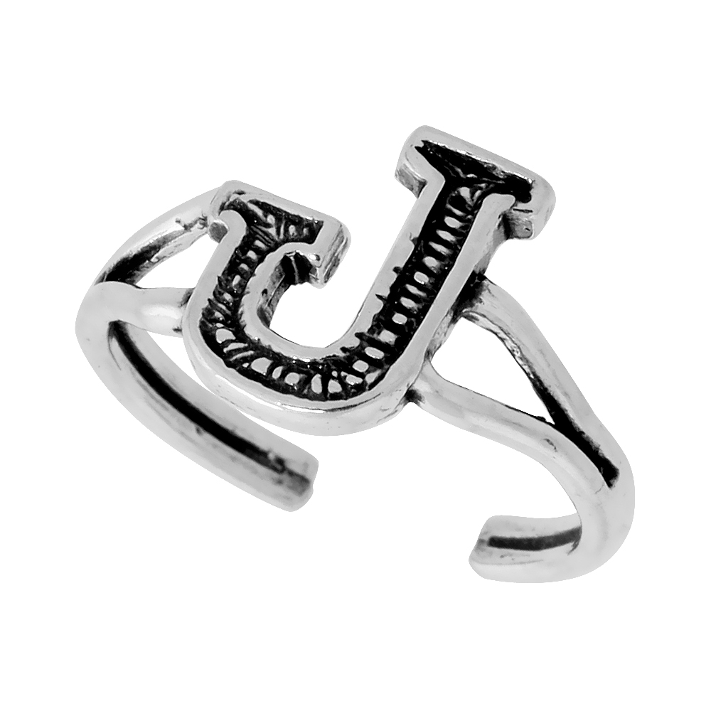 Dainty Sterling Silver Adjustable Initial Toe Ring J for Women Open Bottom Split Shank Oxidized 1/4 inch wide