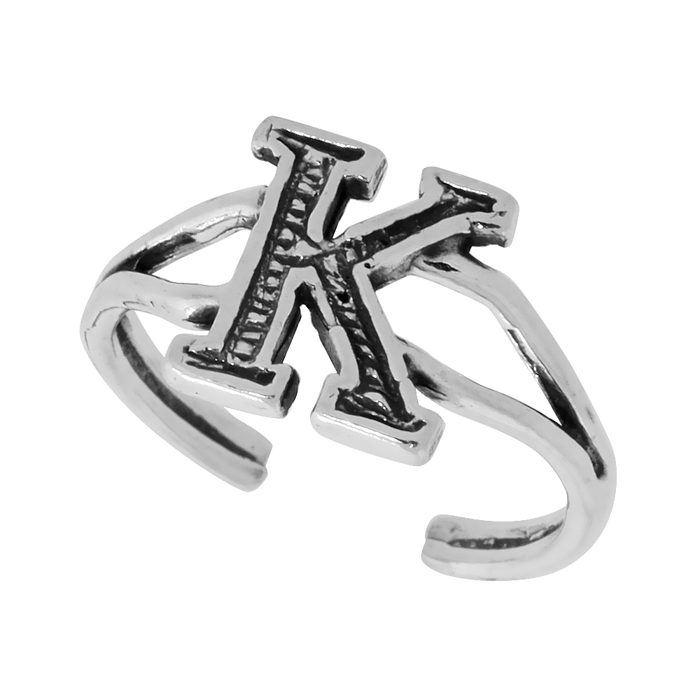 Dainty Sterling Silver Adjustable Initial Toe Ring K for Women Open Bottom Split Shank Oxidized 1/4 inch wide
