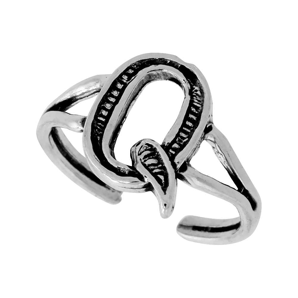 Dainty Sterling Silver Adjustable Initial Toe Ring Q for Women Open Bottom Split Shank Oxidized 1/4 inch wide