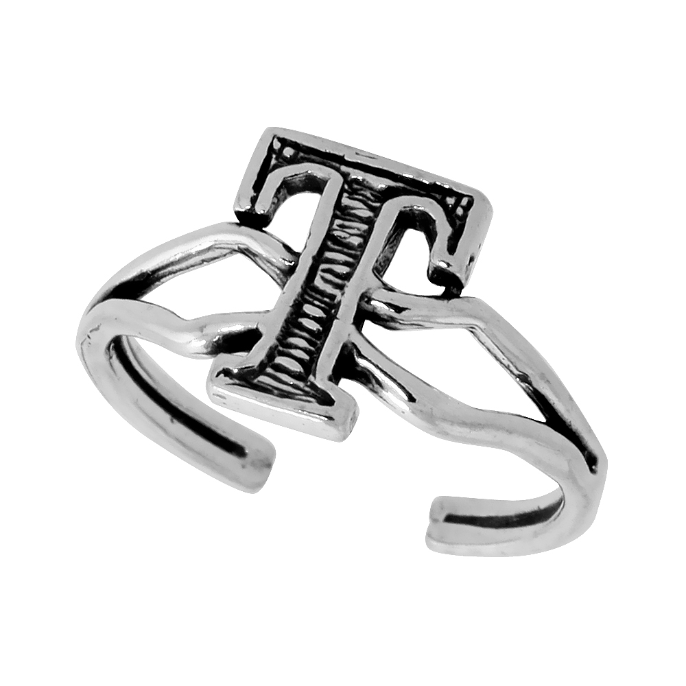 Dainty Sterling Silver Adjustable Initial Toe Ring T for Women Open Bottom Split Shank Oxidized 1/4 inch wide