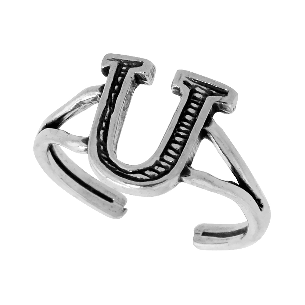 Dainty Sterling Silver Adjustable Initial Toe Ring U for Women Open Bottom Split Shank Oxidized 1/4 inch wide