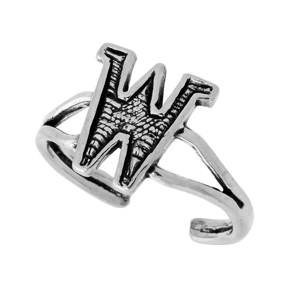Dainty Sterling Silver Adjustable Initial Toe Ring W for Women Open Bottom Split Shank Oxidized 1/4 inch wide