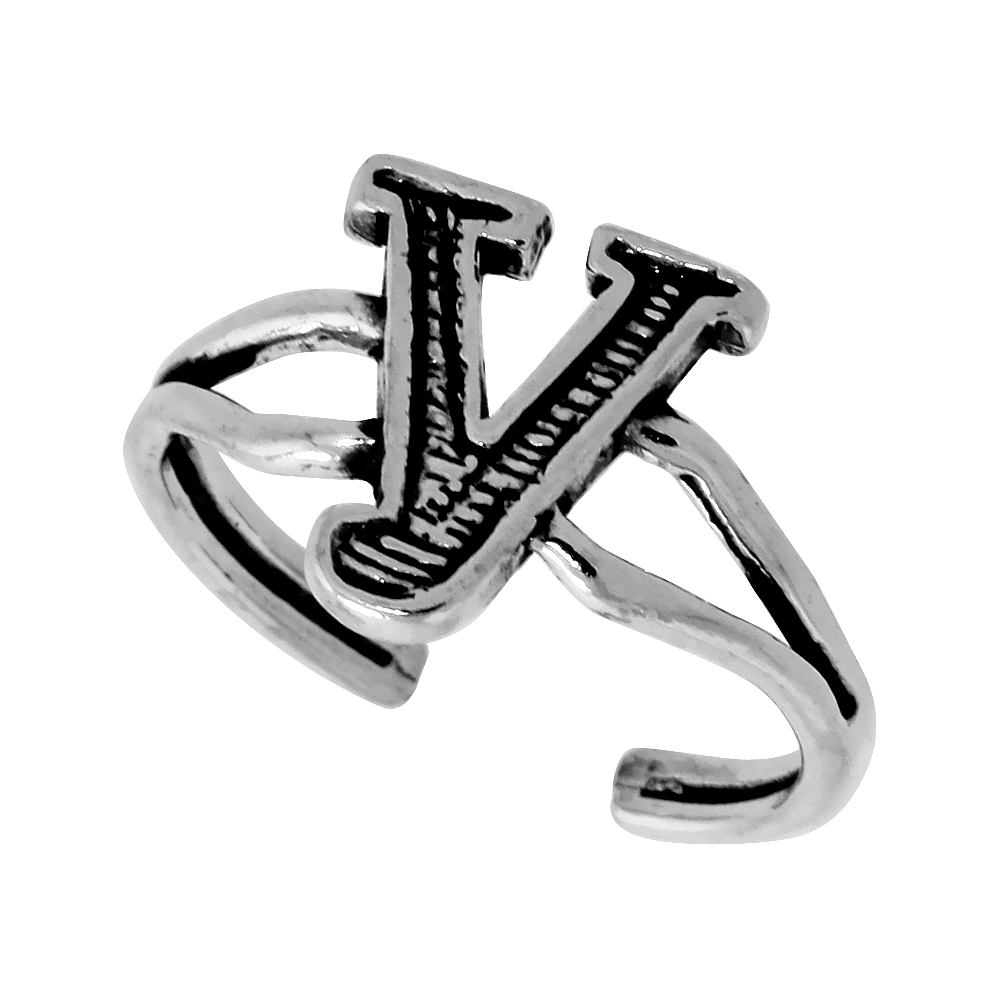 Dainty Sterling Silver Adjustable Initial Toe Ring Y for Women Open Bottom Split Shank Oxidized 1/4 inch wide