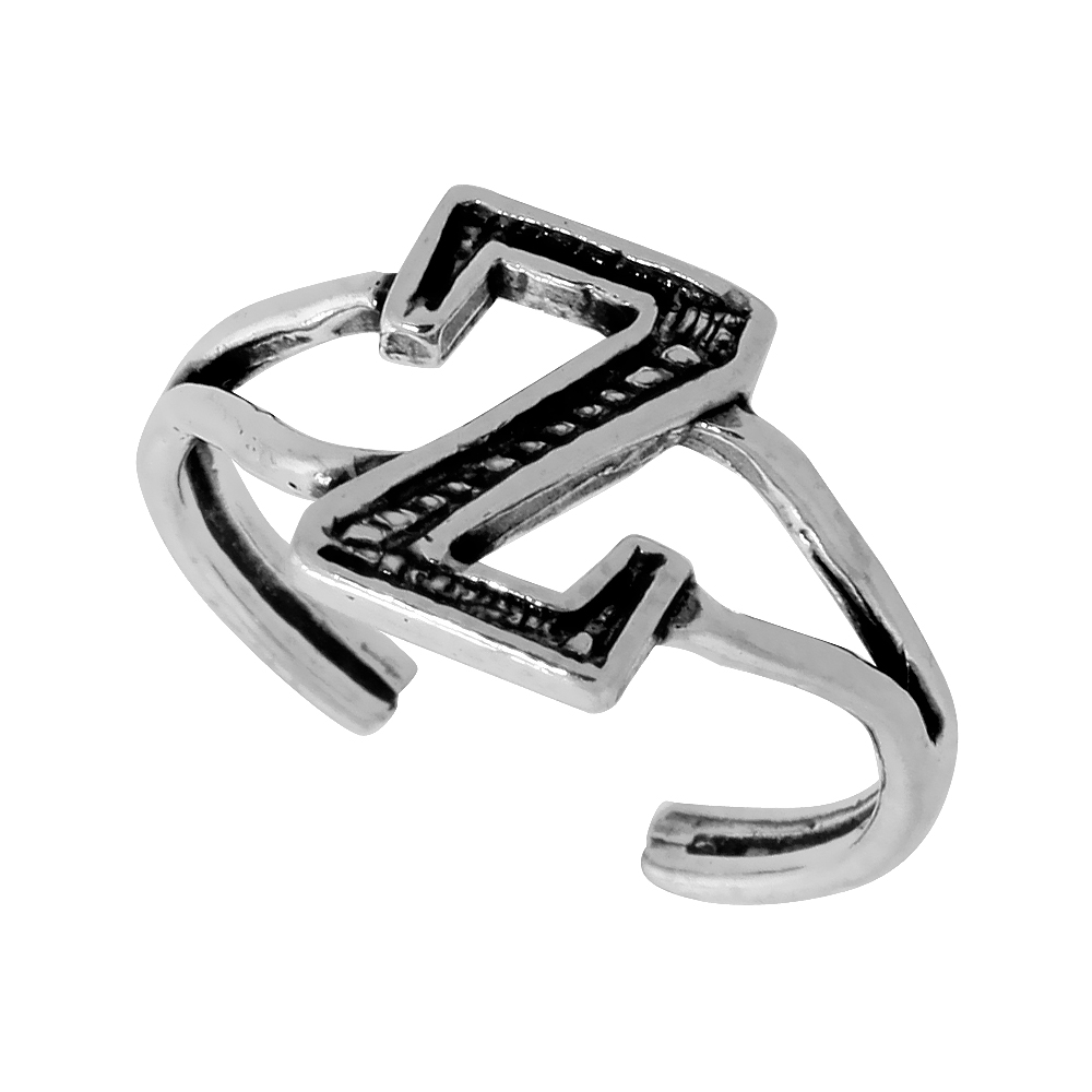 Dainty Sterling Silver Adjustable Initial Toe Ring Z for Women Open Bottom Split Shank Oxidized 1/4 inch wide