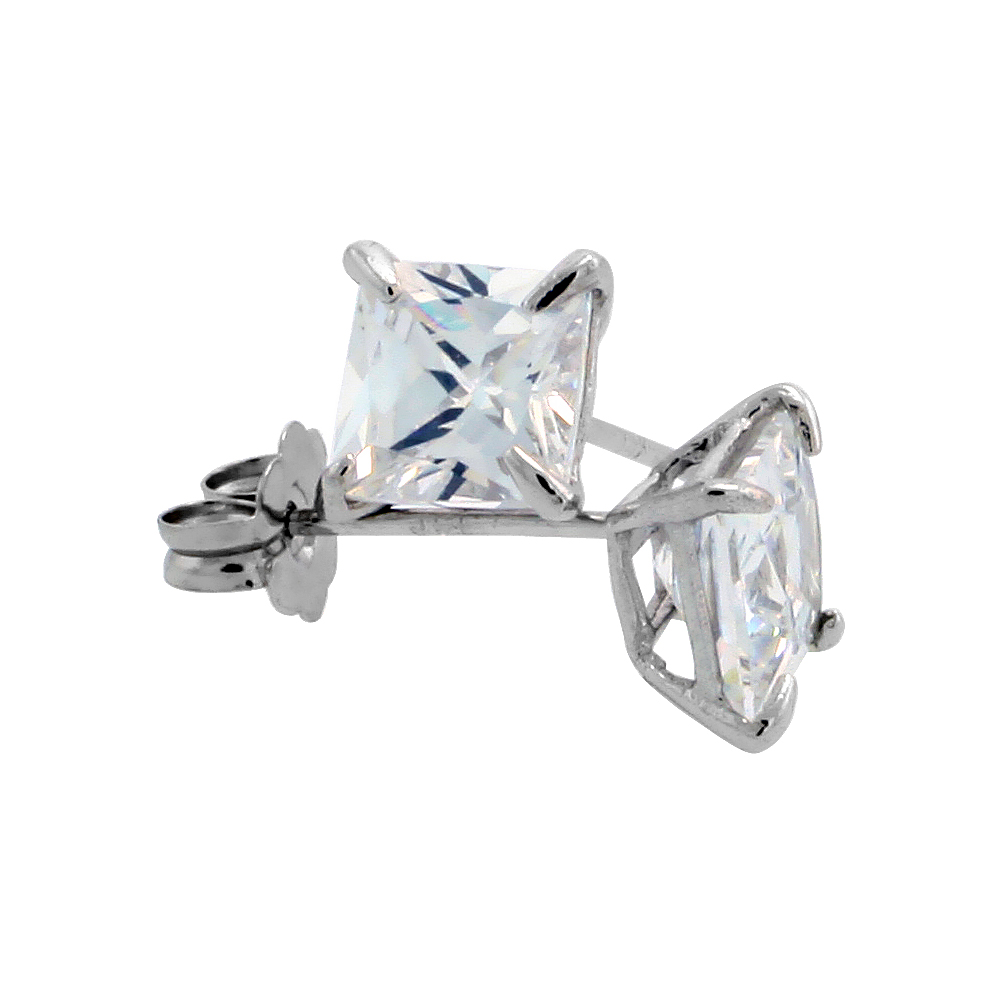 14K White Gold Square Cubic Zirconia Earrings Studs 5 mm Princess cut Basket Setting 1.5 carats/pr