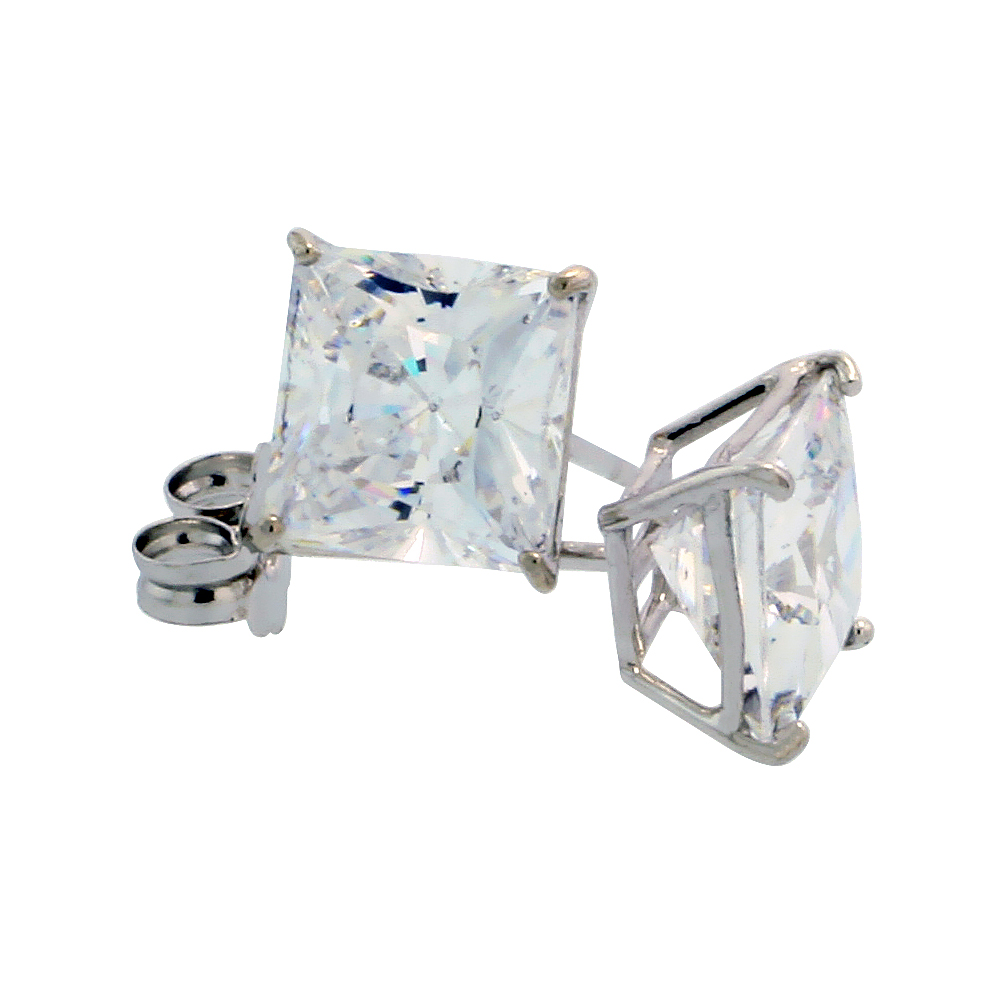 14K White Gold Square Cubic Zirconia Earrings Studs 6 mm Princess cut Basket Setting 2 carats/pr
