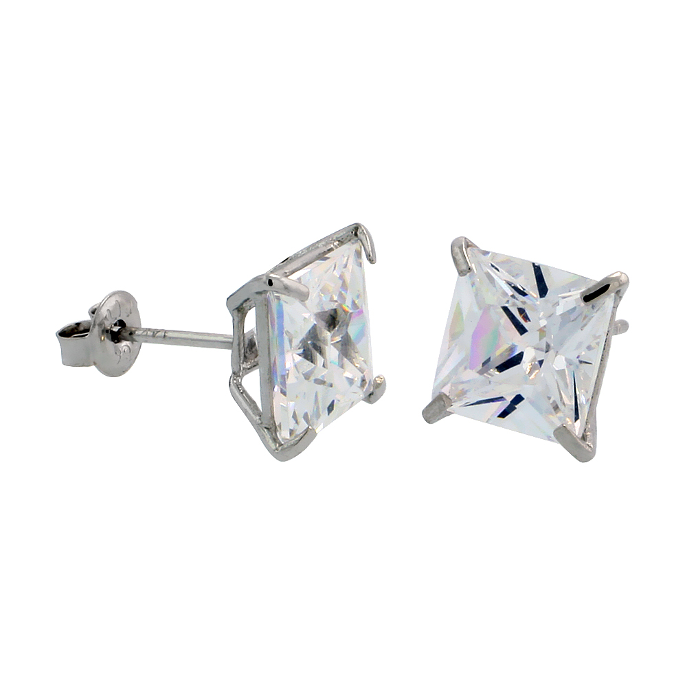 14K White Gold Square Cubic Zirconia Earrings Studs 7 mm Princess cut Basket Setting 2.5 carats/pr