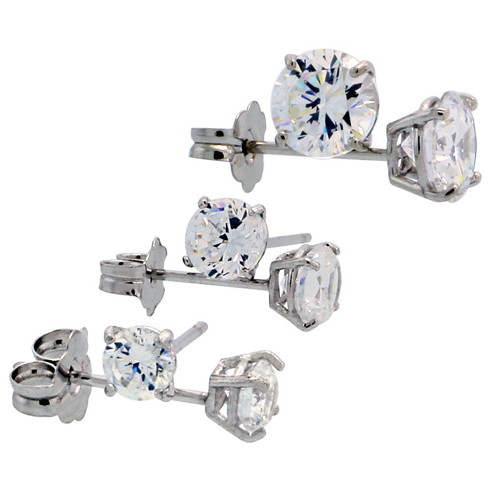 3 Pair Set 14k White Gold CZ Earrings Studs 3, 4 & 5 mm Brilliant cut Basket Setting