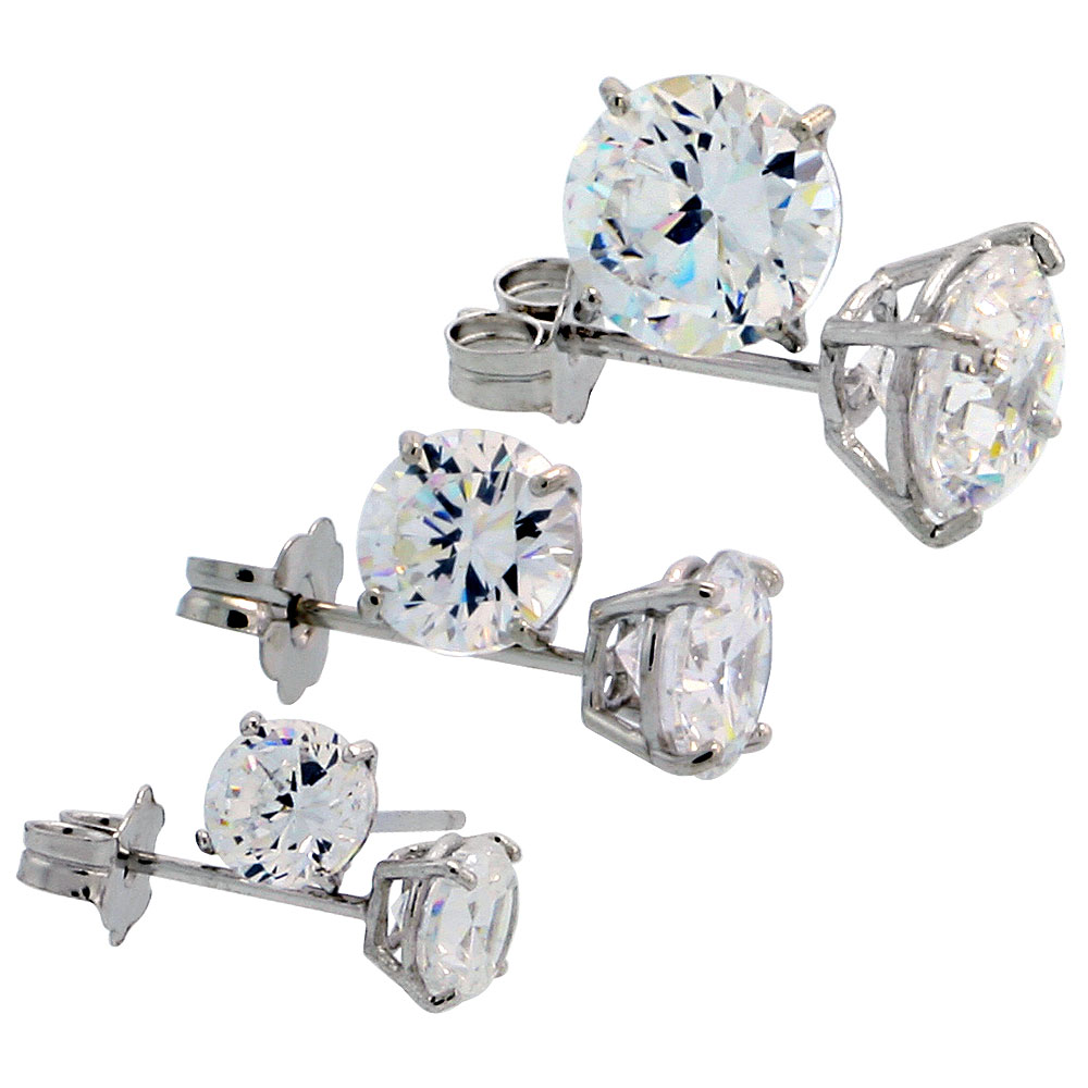 3 Pair Set 14k White Gold CZ Earrings Studs 4, 5 & 6 mm Brilliant cut Basket Setting